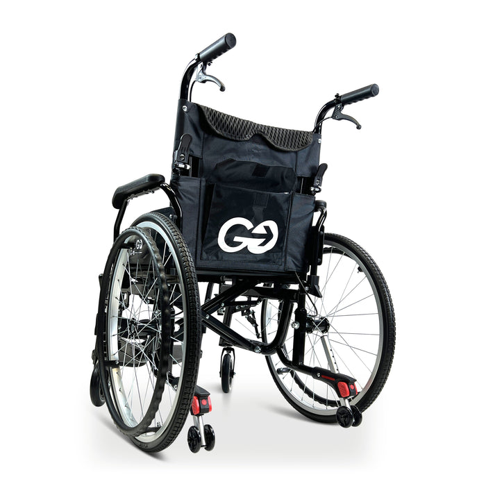 ComfyGO X1 Lightweight Manual Wheelchair Rear View With Back Pocket And ComfyGO Logo.