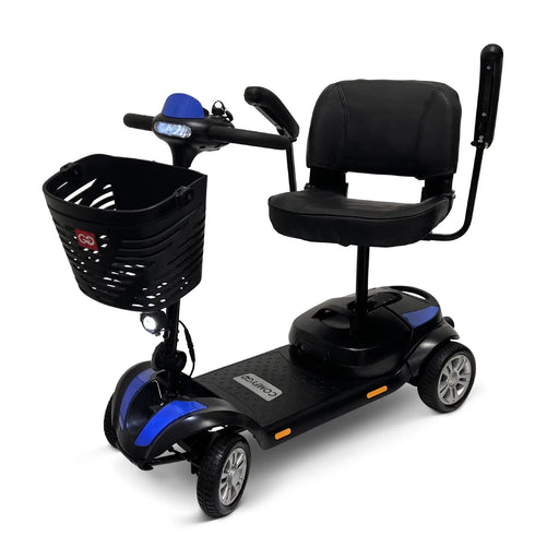 Blue ComfyGO Z-4 Portable Mobility Scooter With Seat Flip Up Armrest And Small Basket Below Handle Bar View