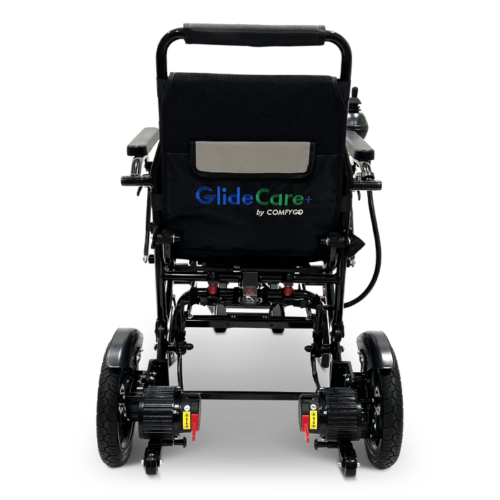 ComfyGo Glide Care G Five Lightweight Foldable Electric Wheelchair Rear View With Logo Clearly Displayed