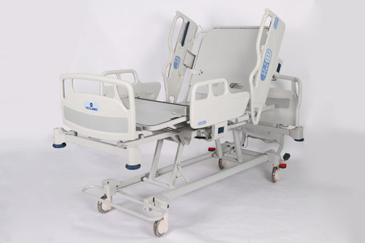 CostCare B730 Acute Care Medical Bed With Boards And Rails In Fully Elevated Height Raised Head And Knee Section View