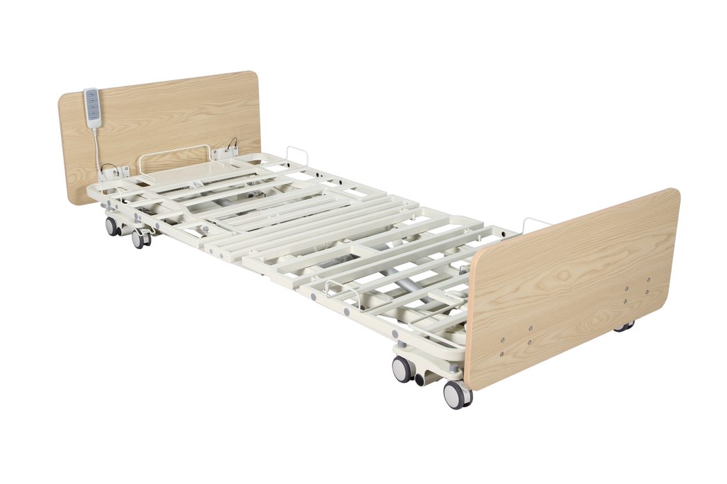 Costcare BC320 Long-Term Care Low Profile Bed Lowered To Its Lowest Height Of 7 Inches In A Fully Flat Position.