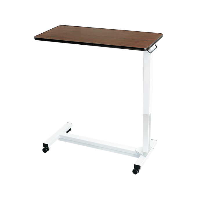 Above Side View Dynarex Bariatric Heavy-Duty Overbed Table with Height-Adjustable Steel Frame, Cherry Finish 500 lb Capacity