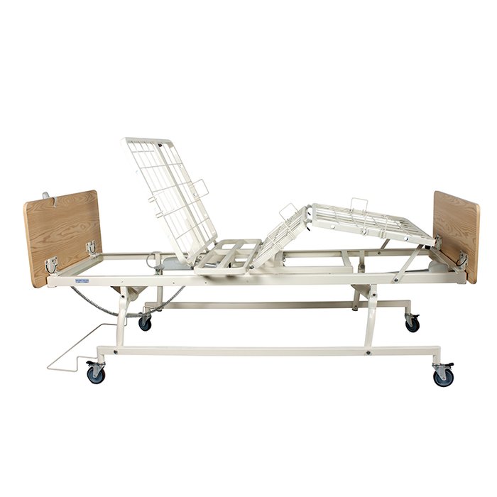 Side View Dynarex D100 LTC 3-Function Standard Bed with Wood Boards Durable Long-Term Care Bed for Pressure Relief and Patient Mobility