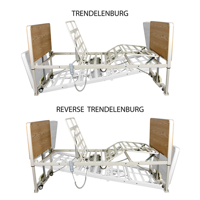 Features Dynarex D400 LTC 5 Function Ultra-Low Bed Light Oak for Long-Term Care with True Vertical Lift and 450 lb. Capacity