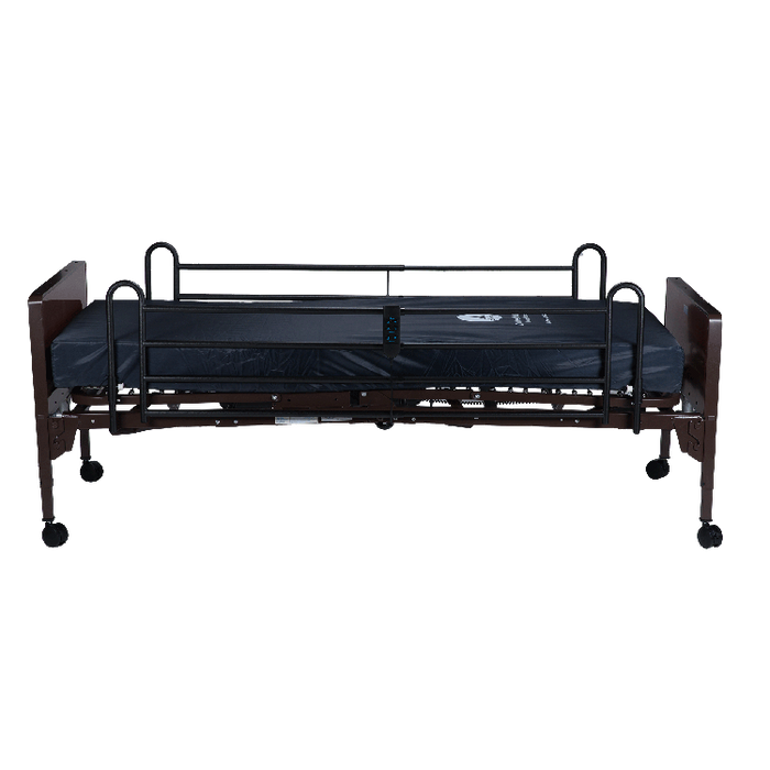 Side View Dynarex Full-Electric Homecare Bed with Full Rail and Dynarest Multizone Mattress Height Adjustable Steel Frame, 450 lb Capacity