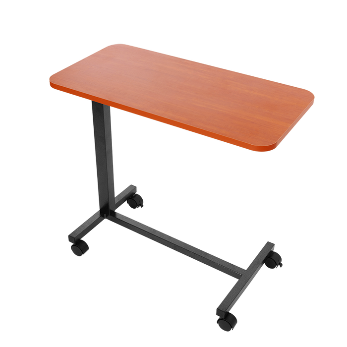 Side View Dynarex Overbed Table Height-Adjustable Rolling Table with Laminate Top for Hospitals, Homecare, and Rehabilitation
