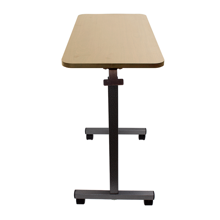 Side View Dynarex Overbed Table Height-Adjustable Rolling Table with Laminate Top for Hospitals, Homecare, and Rehabilitation