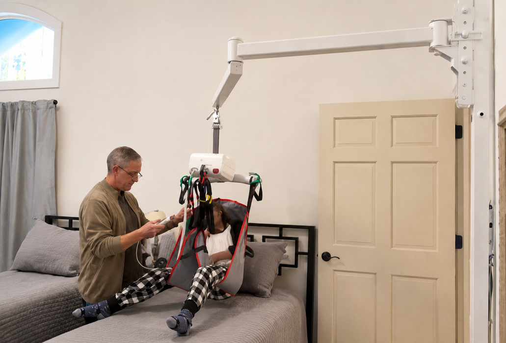 EMR Distributor LRT Patient Transfer Ceiling Mounted By EMR Distributor With Bi Fold Arm For Safe Home And Healthcare Transfers Actual Safe Lift Handling Image
