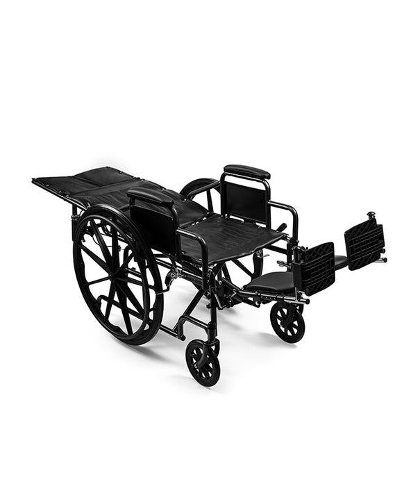 Black Emerald iCruise Reclining Wheelchair With Neck Support Pneumatic Elevating Legrests and Comfortable Vinyl Upholstery Fully Reclined With Two Legrests Raised