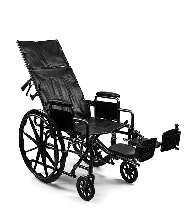 Black Emerald iCruise Reclining Wheelchair With Neck Support Pneumatic Elevating Legrests and Comfortable Vinyl Upholstery Partially Reclined With Two Legrests Raised
