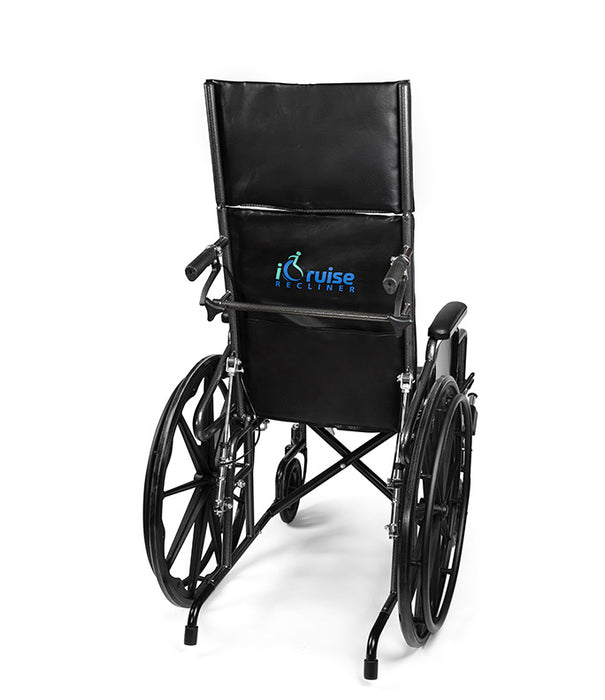 Black Emerald iCruise Reclining Wheelchair With Neck Support Pneumatic Elevating Legrests and Comfortable Vinyl Upholstery Rear View With Logo