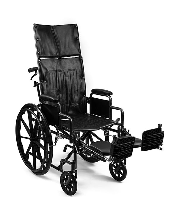 Black Emerald iCruise Reclining Wheelchair With Neck Support Pneumatic Elevating Legrests and Comfortable Vinyl Upholstery with two leg rests raised