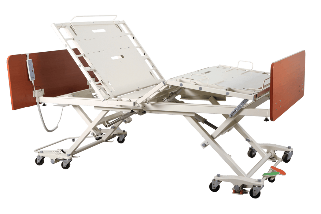 Emerald Infinity Max Expandable Bariatric Bed in Fully Elevated Position with Head and Foot Board View