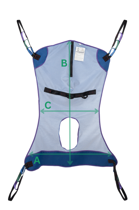 Emerald Mesh Full Body Sling with Commode Opening Dimensional View