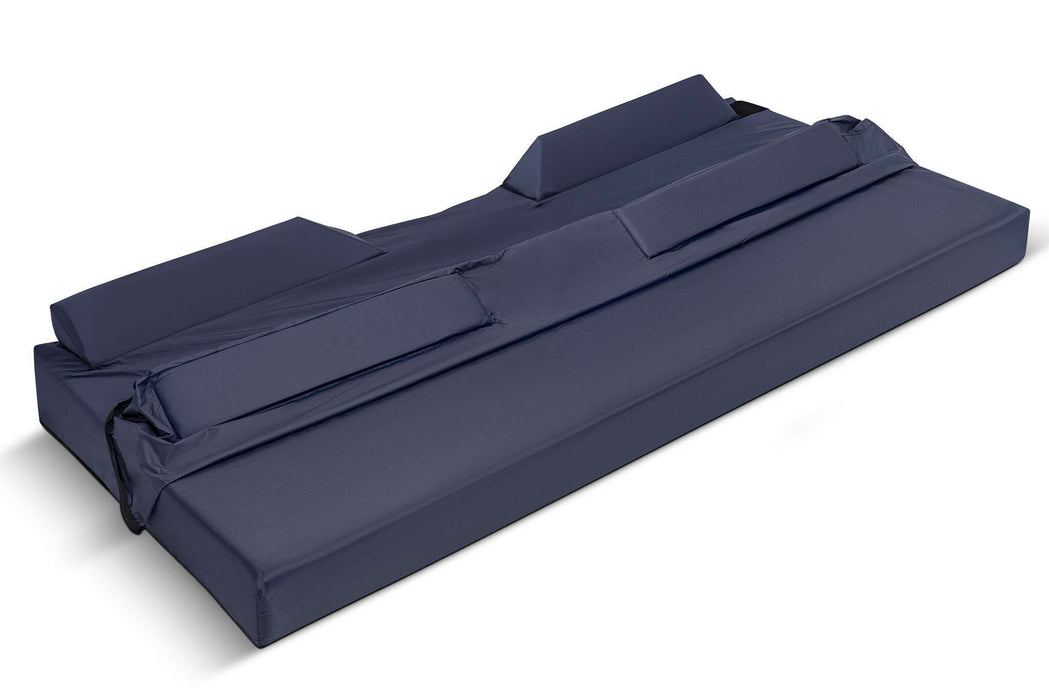 Emerald Raised Perimeter Mattress Cover Zipper Style, Showing The Dark Blue Nylon Fabric Shell Unzipped With Sectioned Foam Side Safety Bolsters Laid Flat Before Installation.