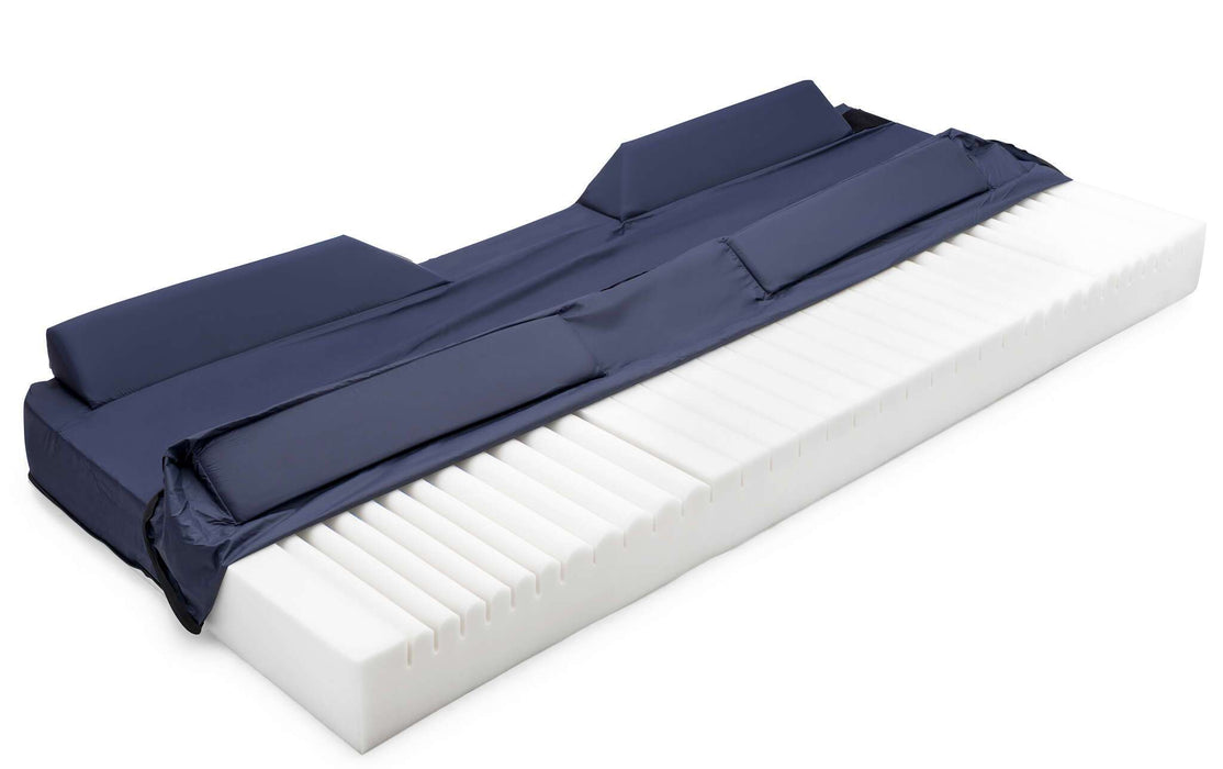 Emerald Raised Perimeter Mattress Cover Zipper Style Partially Installed On A White Contoured Foam Mattress Core, Showing How The Dark Blue Nylon Shell Encases The Bed With Sectioned Side Safety Bolsters.