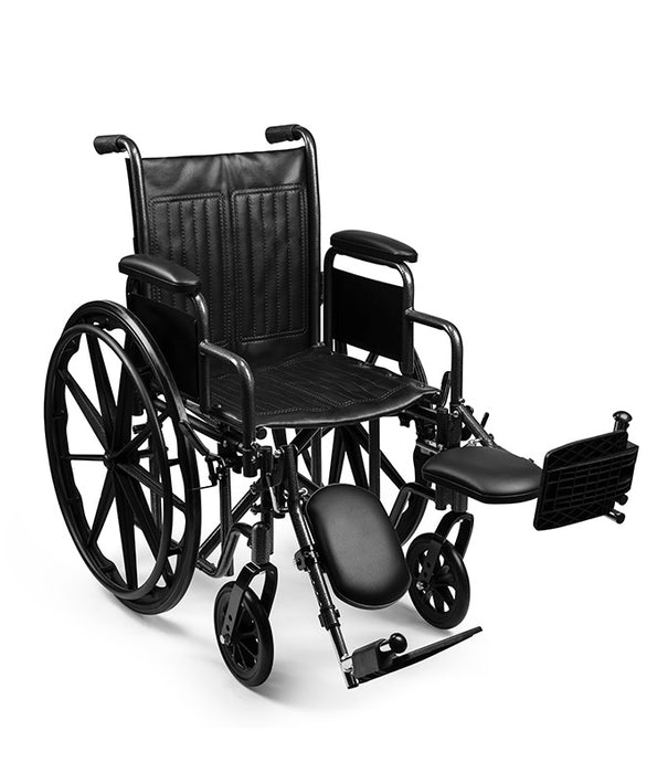 Black Emerald iCruise Standard Wheelchair Pneumatic Elevating Legrests and Comfortable Vinyl Upholstery with one leg rest raised