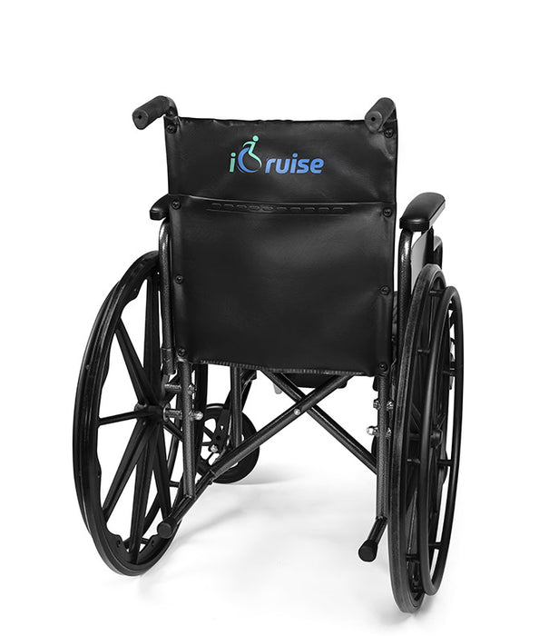 Black Emerald iCruise Standard Wheelchair Pneumatic Elevating Legrests and Comfortable Vinyl Upholstery rear view with logo