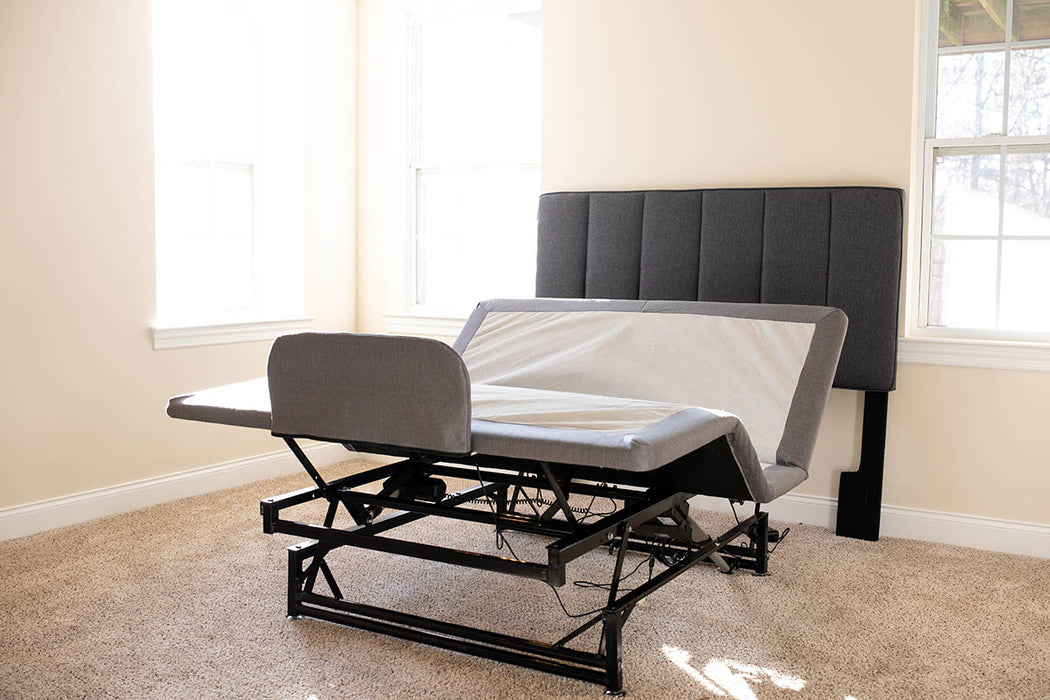 Flex A Bed Hi Low Adjustable Bed Queen Size Base Frame Only In Raised Head And Knee Section With Headboard Front Side View