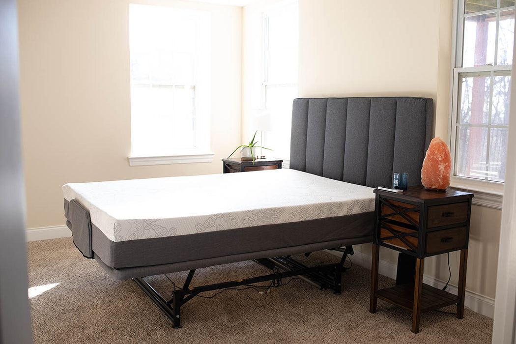 Flex A Bed Hi Low Adjustable Bed Queen Size In High Level Fully Flat Position With Mattress And Headboard Side View