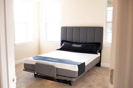 Flex A Bed Hi Low Adjustable Bed Queen Size In Low Fully Flat Position With Mattress Pillow And Headboard View