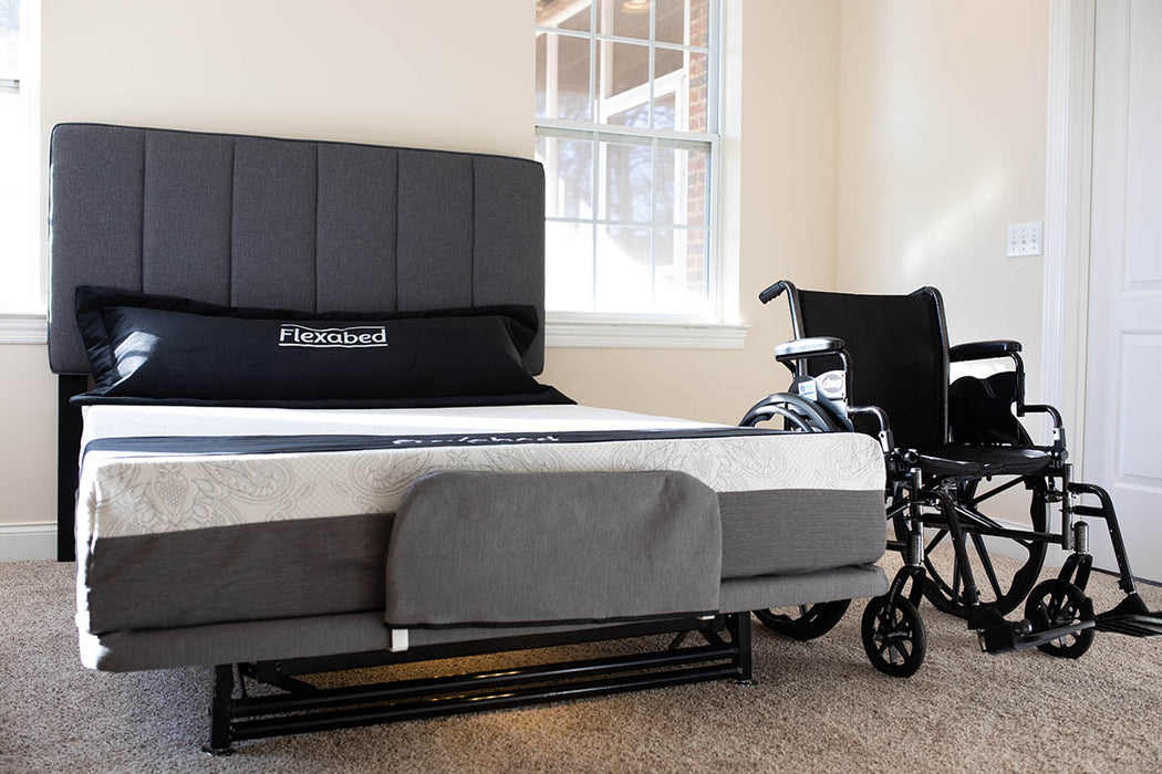 Flex A Bed Hi Low Adjustable Bed Queen Size In Low Fully Flat Position With Underbed Lights Mattress Pillow And Headboard Lower Front View