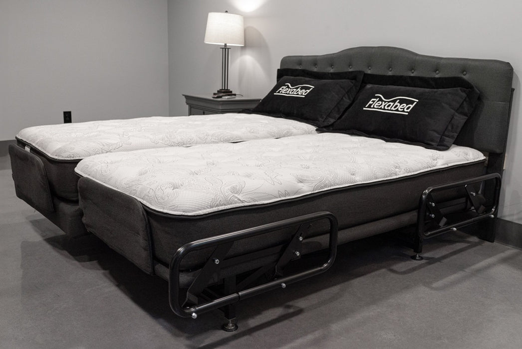 Flex A Bed Premier Adjustable Bed Split Queen Fully Flat Position With Mattress Pillow And Side Rail Down View