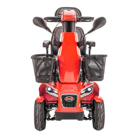 Metallic Orange FreeRider Terrain Mobility Scooter Sporty Design Double Wishbone Suspension Enhanced Stability Front View 