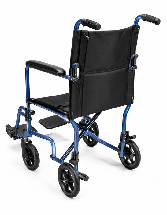 Graham Field Aluminum Transport Chair Three-Quarter Rear View With Attendant Wheel Locks 