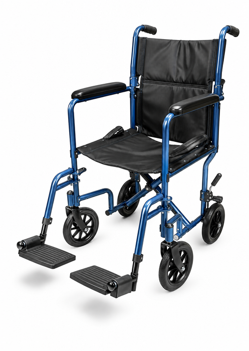 Graham Field Aluminum Transport Chair In Blue With Black Upholstery And Padded Armrests Image