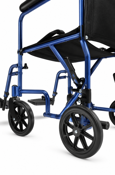 Graham Field Everest & Jennings Aluminum Transport Chair Blue Frame And Rear Wheel Lock Close-Up Image