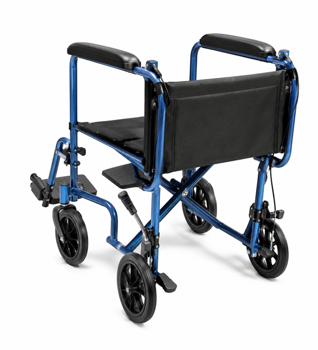 Graham Field Aluminum Transport Chair Rear-Side View With Fold-Down Back And Blue Frame 