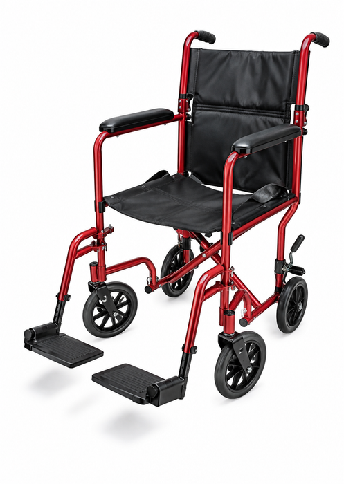 Graham Field Aluminum Transport Chair In Red With Folding Frame And Detachable Footrests 