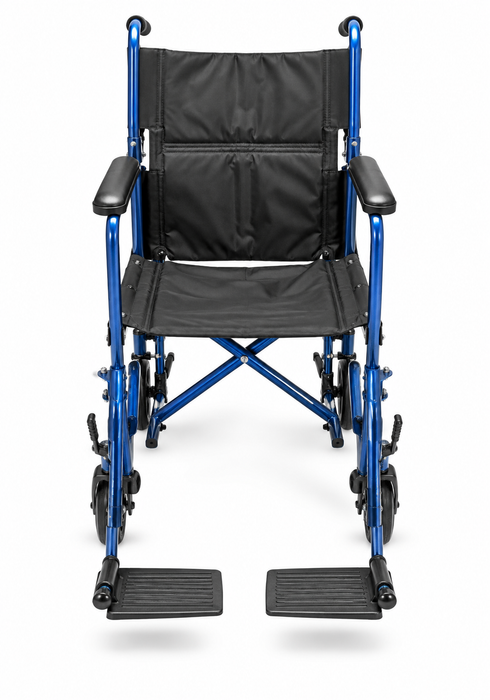 Graham Field Aluminum Transport Chair Front View With Black Upholstery And Footrests 