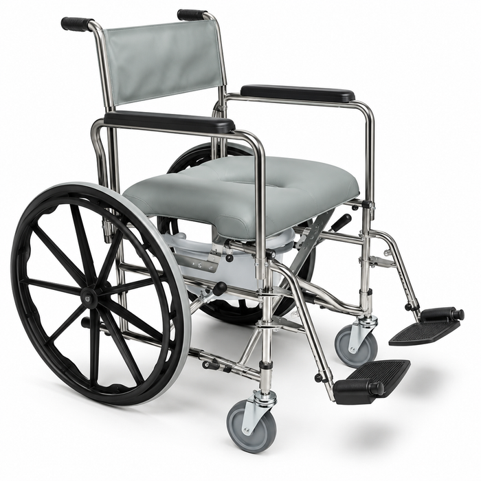 Graham Field Rehab Shower Commode Rear View With Self-Propelled Wheels 