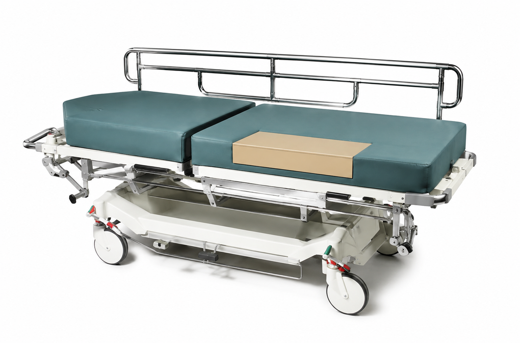 Graham Field Hausted Clinical Comfort Stretcher Pad With Raised Headrest And Side Rails Flat View 