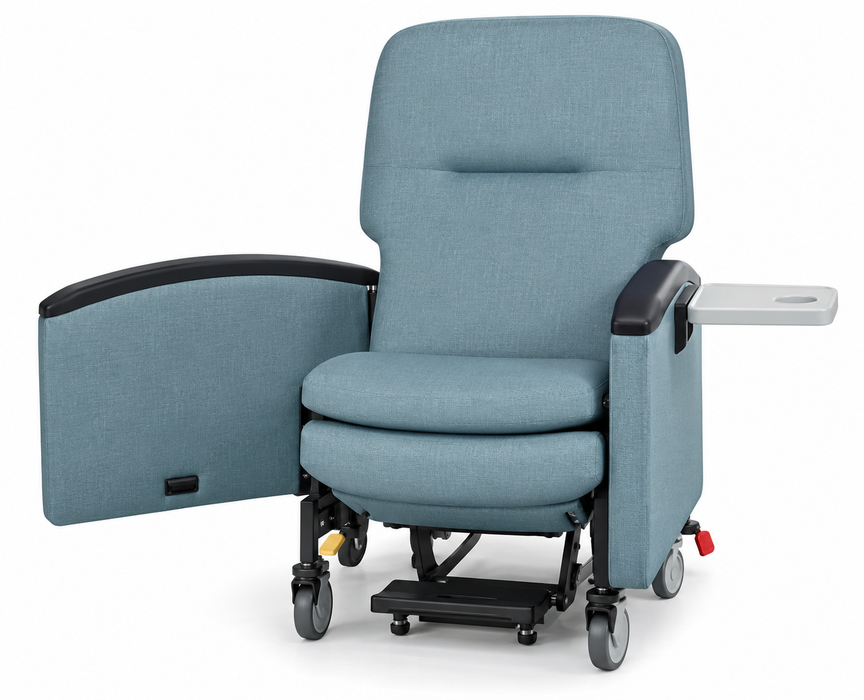 Graham Field Pivot-Arm Clinical Care Recliner HM FR601UH With Cushioned Seat And Backrest Ice Blue Side Open Outward Image