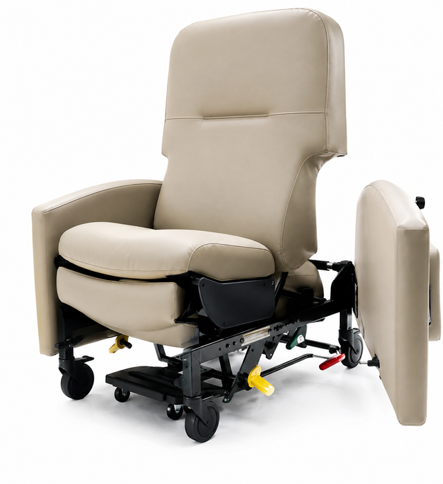 Graham Field Lumex Pivot-Arm Recliner Chair FR601U With Padded Backrest And Wide Seat Latch Side Open Outward Position 