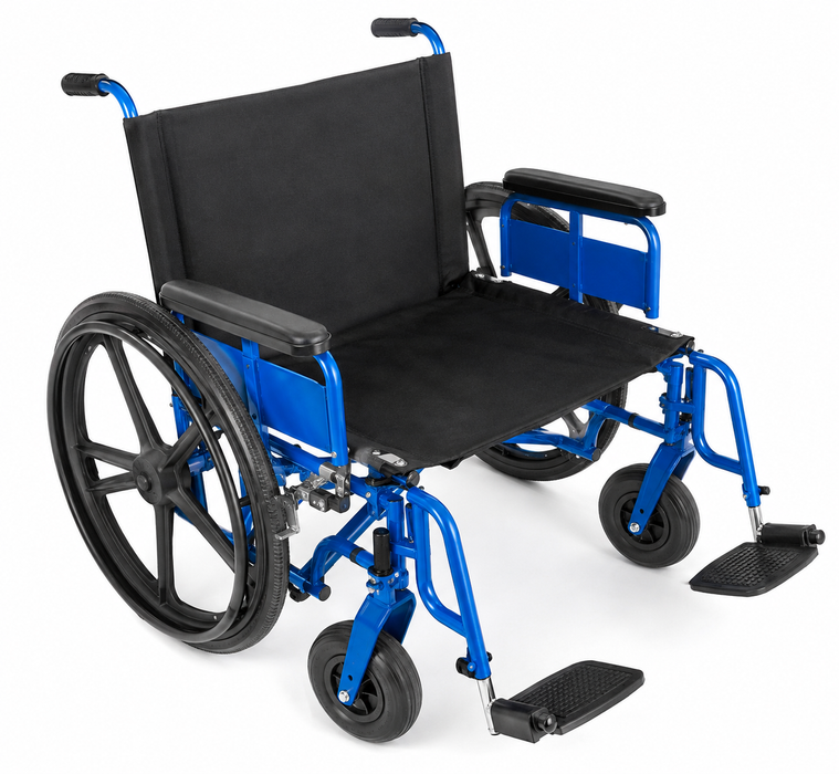 Graham Field MRI Safe Patient Transport Wheelchair With Large Rear Wheels Steel Blue Frame Side View