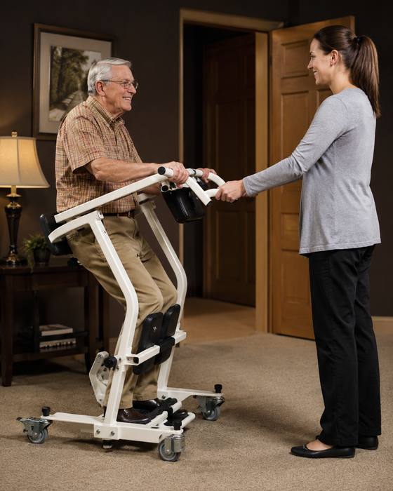 Graham Field Stand Assist Lift With Stable Steel Frame, Non Slip Foot Platform, And Comfortable Padded Support For Patients Demo