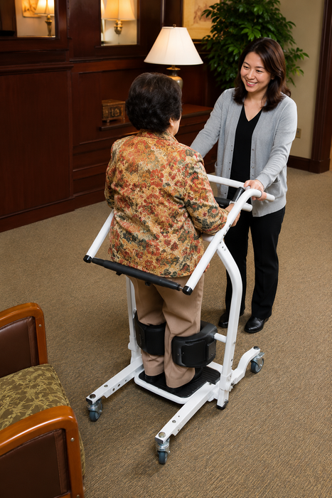 Graham Field Stand Assist Lift Used By A Caregiver To Safely Support Patient Standing And Assisted Transfers At Home Demo 