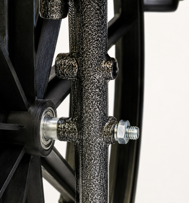 Graham Field Traveler SE Plus Wheelchair Hardware Close-Up With Metal Bracket Rear Wheel Attachment 