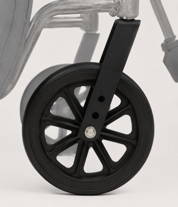 Graham Field Traveler SE Plus Wheelchair Fasteners Beside A Curved Silver Bracket Wheel 
