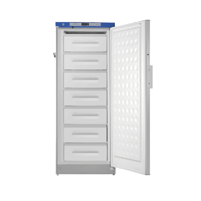 Open Door View Haier Biomedical Freezer -25℃ Reliable, Energy-Efficient Storage with Advanced Temperature Control and Safety Features from that can you give me 1 to 2 words to add for the alt text description