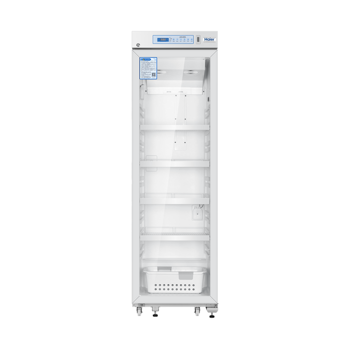 White Haier 461L Single Glass Door Pharmacy Refrigerator Eco-Friendly, Low Noise Storage for Vaccines, Medicines and Reagents