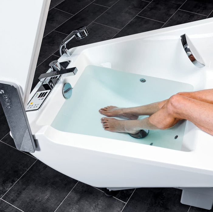 Handicare AVERO Motion Bathtub With Height-Adjustable, Wheelchair-Accessible Assisted Bathing System For Safe, Ergonomic Care Facility Use Showing Foot Area Filled In 