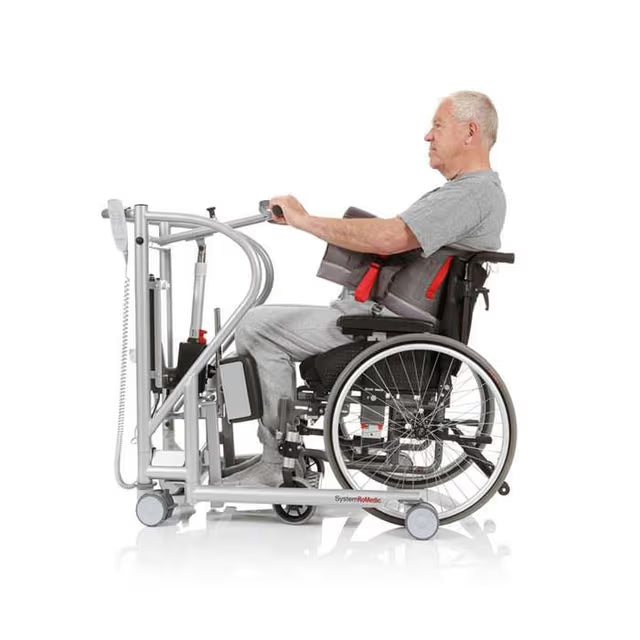 Handicare MiniLift 200 Sit-to-Stand Patient Transfer Aid For Safe, Active Mobility Support In Home And Healthcare Use In Side View With Patient