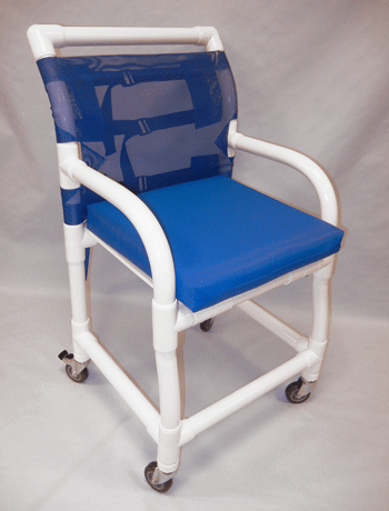 Blue Healthline Medical 18" Shower Commode Chair with Flat Seat and Cushion Rust-Proof, 300 lb Capacity and Heavy-Duty Casters