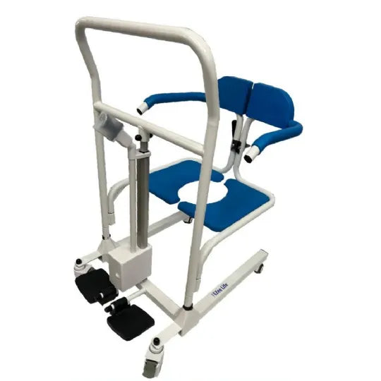 Side View Healthline Medical 4-in-1 Electric Lift Shower Commode Transfer Chair Durable, Comfortable and Adjustable for Easy Transfers and Hygiene Care 