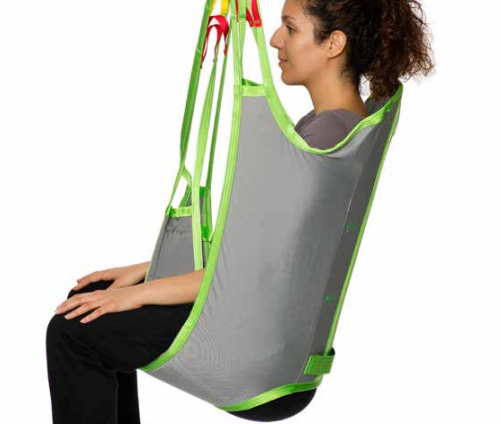 Side Profile Human Care Shoulder-High Sit Sling Reinforced Back and Divided Leg Supports for Safe, Upright Patient Lifting